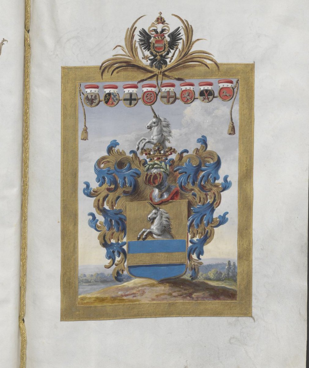#otd 1802 erhielt Schiller sein Adelsdiplom - u. damit seine Frau endlich wieder problemlosen Zugang zum Hof. Das Diplom war wohl auf Betreiben #Goethes u. des Herzogs Carl August ausgestellt worden - unterzeichnet von Kaiser Franz II.  Das Wappen zeigt ein silbernes Einhorn.