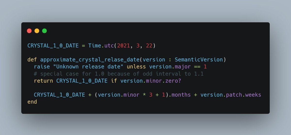 Happy 3rd anniversary of Crystal 1.0! 🥳🎉 Now we're already approaching the 12th minor release 🚀 Did you know how to approximate any realease date since 1.0? carc.in/#/r/gllx So we're expecting Crystal 1.100 in April of 2046. Long way to go! 😆 #CrystalLang