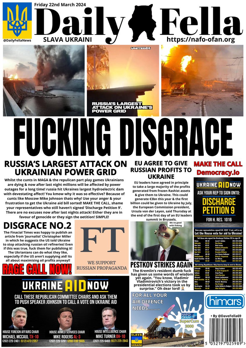 DailyFellaNews's tweet photo. It’s Daily Fella time. Read about russia’s attack on Ukraines hydroelectric dam, the EU agree in principle to give russian money to Ukraine &amp; the Financial Times spread Orc propaganda!

Rage call now! #MakeTheCall 

#DailyFella #DailyFellaNews #SlavaUkraini #NAFO https://t.co/qHbk4B4jW3