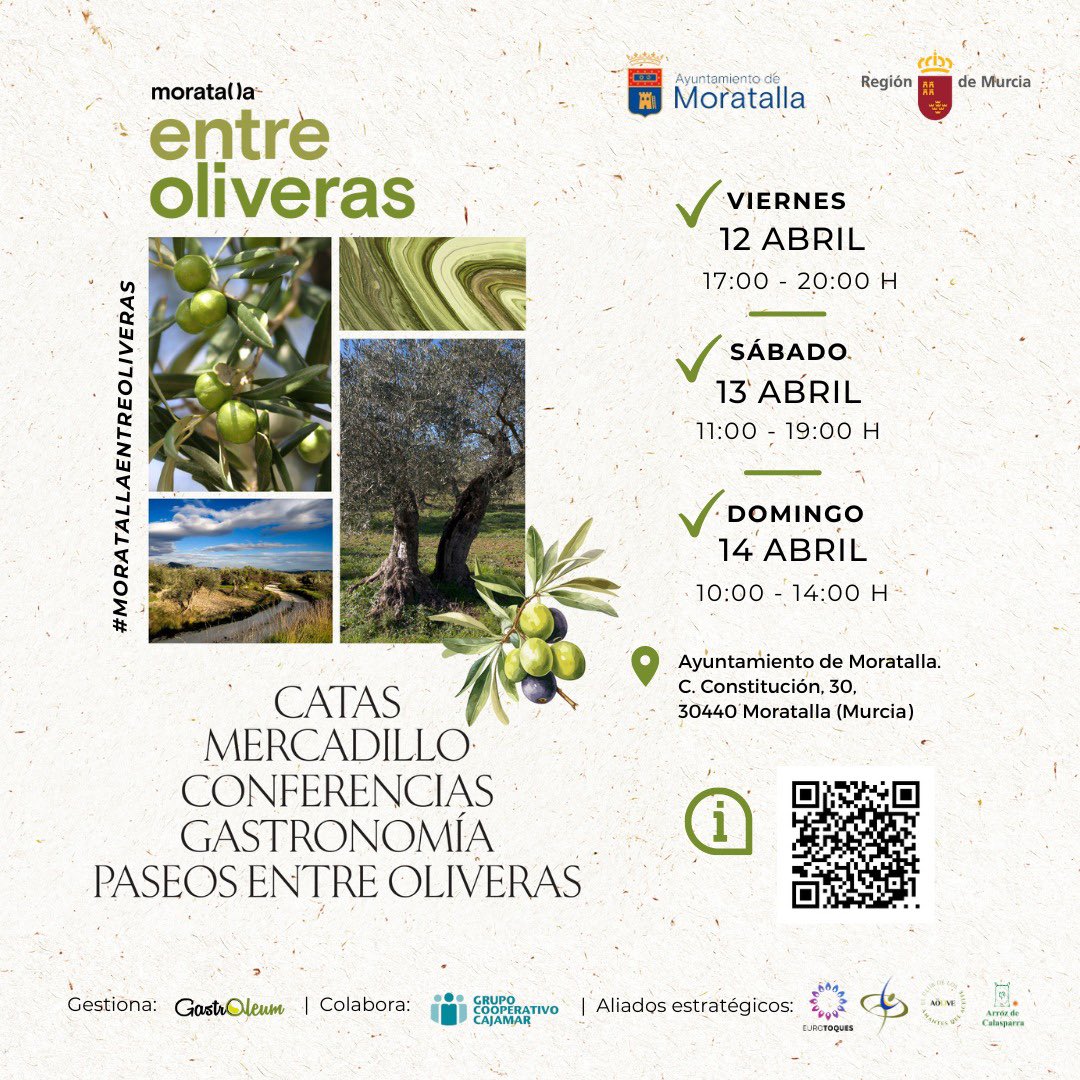 GastrOleum's tweet photo. Organizado por el @Ayto_Moratalla con el apoyo de @Cajamar y patrocinado por la @regiondemurcia, este evento busca destacar el sector olivarero de nuestra región y su industria auxiliar.

Más información: https://t.co/aITh4WaAW8 https://t.co/gAL2mYKfpD