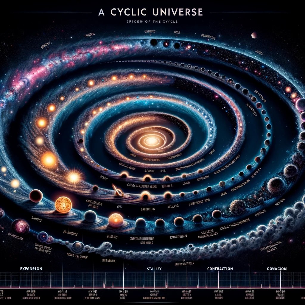 stylianos72's tweet photo. #Supersingularity #CyclicalUniverse #Cosmology #BlackHoles #BigBang #Astrophysics #QuantumFluctuations #ScienceCommunication #Universe #Physics #Supersingularity #CyclicalUniverse #Cosmology #BlackHoles #BigBang #Astrophysics #QuantumFluctuations #ScienceCommunication #Universe #Physics

🌌 **The Eternal Cycle of the Universe: A Visual Journey**

In this captivating illustration, the theory of a cyclic universe unfolds, inviting us to think beyond the conventional boundaries of time and space. Here, we witness the universe caught in an endless dance of creation, evolution, and renewal.

**Where It Begins**: Our visual adventure starts with the glowing flash of the cosmic egg, symbolizing the universe's beginning and the moment of the Big Bang. At the start of the spiral, the birth of the universe from a supersingularity is depicted, surrounded by intense light announcing the emergence of everything.

**Through the Phases**:
- **Expansion**: As the spiral unfolds, we observe the formation of stars and galaxies, a cosmic ballet orchestrated by dark matter and dark energy.
- **Stability and Diversity**: Further along the spiral, the universe reaches a phase of maturity, illustrated by the rich diversity of cosmic structures, from vibrant galaxies to sprawling star systems.
- **Contraction**: The spiral leads us to the dark whirls of black holes, endpoints for matter and energy but also seeds for new beginnings.

**Where It Ends and Begins Again**: At the spiral's end, we encounter another supersingularity – a hint that the end of one cycle seamlessly transitions into the beginning of the next. This illustrates the idea that in the universe, everything is cyclical, and every end is merely the start of something new.

**Behind Every Detail**:
- The background of the spiral, filled with delicate lines and patterns, represents the fundamental fluctuations of space and the quantum level on which the universe dances.
- A timeline along the bottom edge marks key moments in the universe's history, providing orientation on this journey through time.

This illustration is more than just an image – it's an invitation to explore the mysteries of our universe together and to embrace the wondrous notion that in the infinity of space, cycles of death and rebirth sing the eternal song of the cosmos.

---

This description offers a clear starting and ending point for viewing the illustration and clarifies how the cyclic nature of the universe is visually represented.