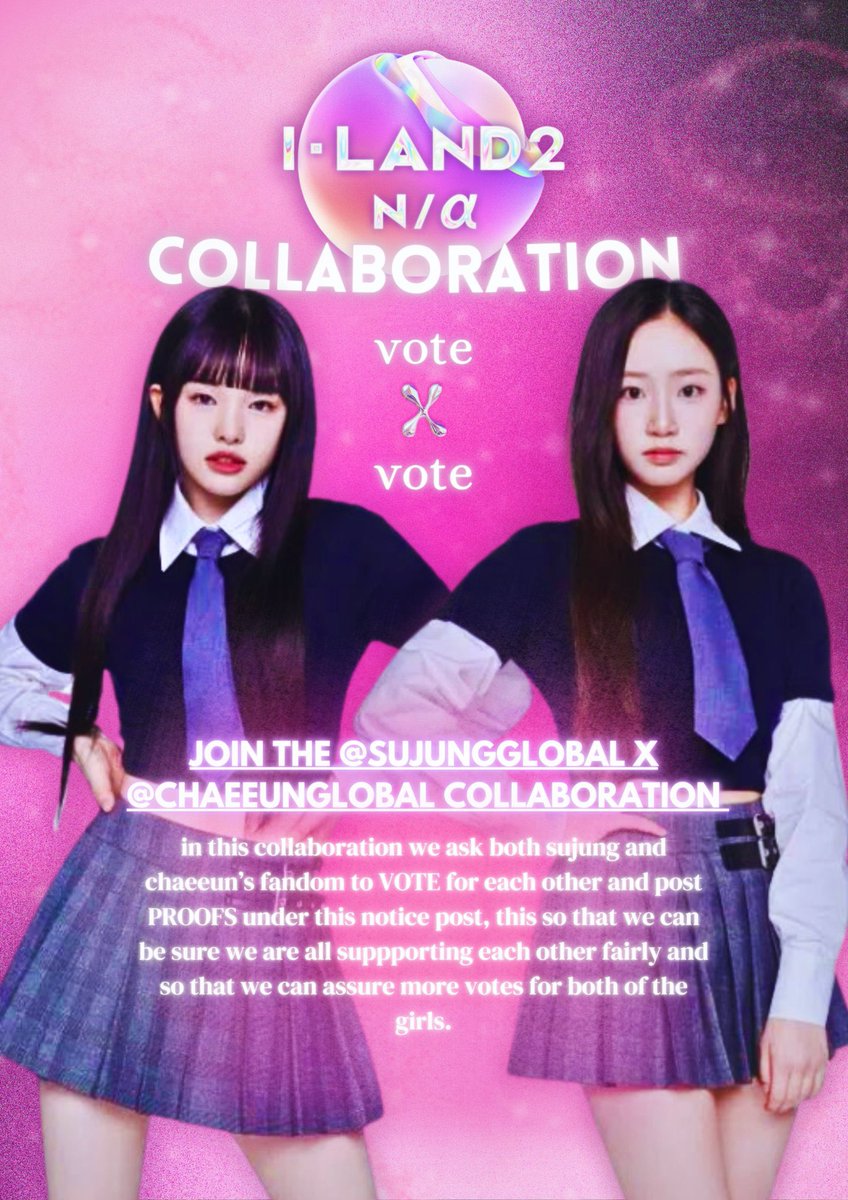 SUJUNGGLOBAL's tweet photo. [VOTING COLLAB]

Hello #CHAEEUN &amp; #SUJUNG fans! We are having another voting collaboration. 

📅 March 23rd 00:00 KST

1. Download MNET plus application
2. Select the ILAND-2 site
3. Choose your pick + Chaeeun &amp; Sujung
4. Use #CHAEEUNxSUJUNG when posting proof! https://t.co/aIFuWymqsO