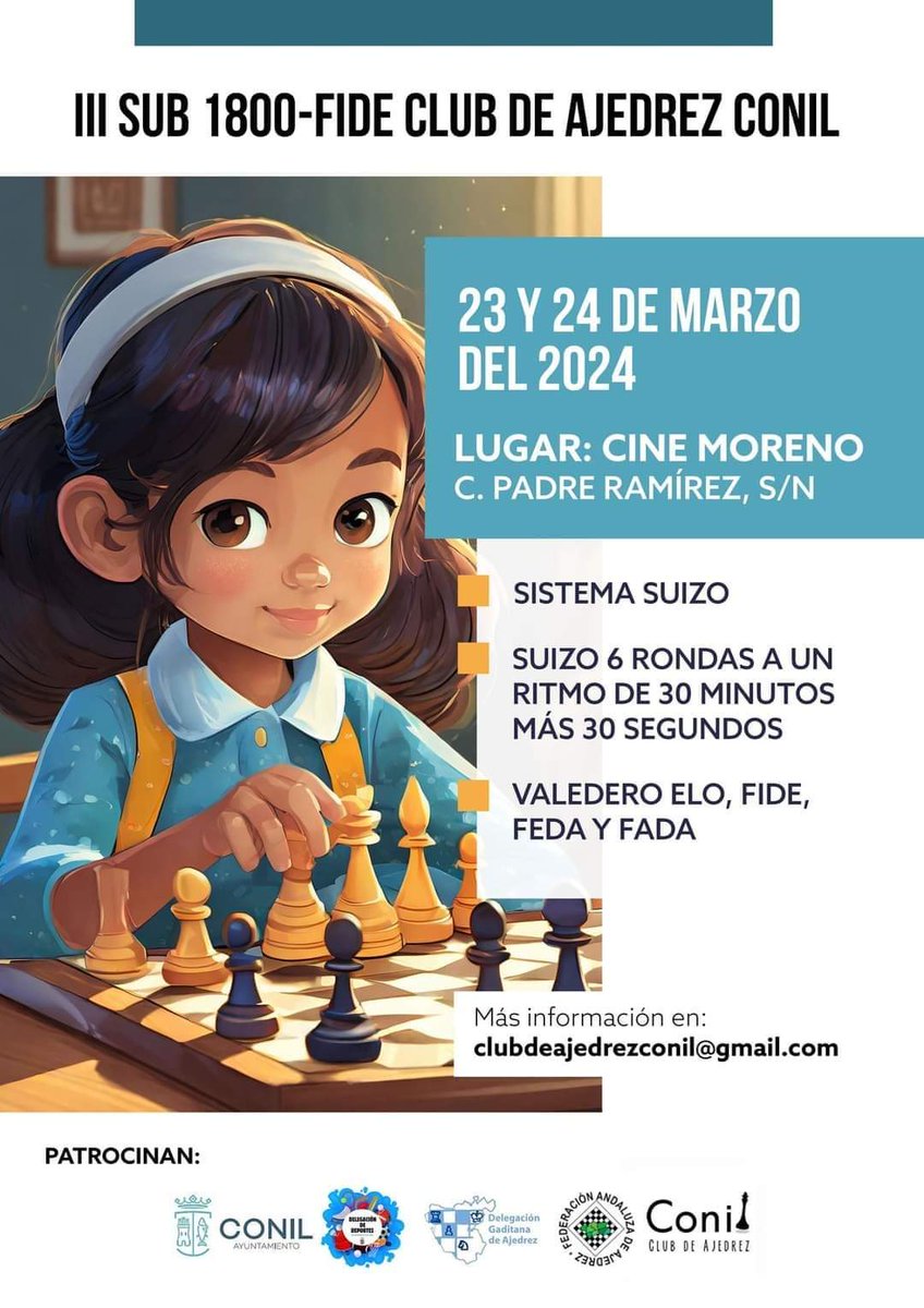 Si estás por Conil de la Frontera, aún estás a tiempo de apuntarte a este torneo organizado por el <a href="/ClubConil/">Club de Ajedrez Conil</a>  y por <a href="/pacoligero/">Paco Ligero Marín</a> , lo cual es garantía de cosas bien hechas y de que todo el mundo va a disfrutar del ambiente y de las partidas ¡Animáos!
info64.org/iii-sub-1800-f…