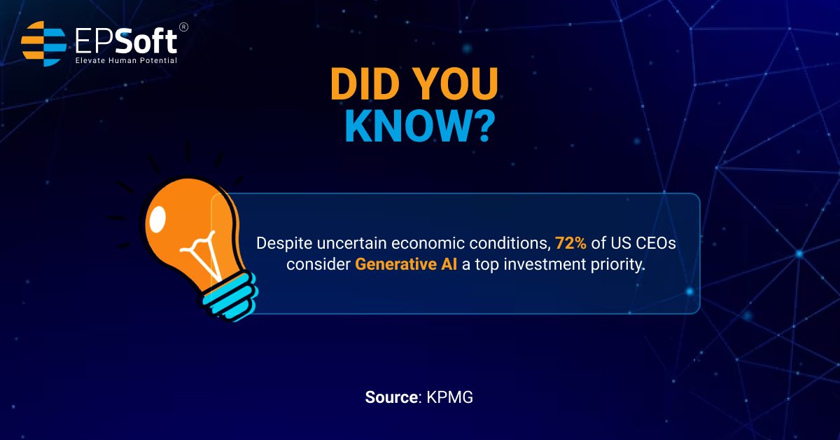 EPSoftHQ's tweet photo. CEOs are prioritizing investments in Generative AI and are hungry for transformational M&amp;A opportunities to drive growth.

#FridayFacts #GenerativeAI #Automation #ArtificialIntelligence #EPSoft https://t.co/Fs0owz7wFJ