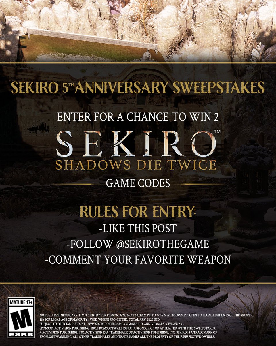 🚨 Giveaway Alert 🚨 Enter for a chance to win 2 game codes for Sekiro: Shadows Die Twice on the platform of your choice. 

To enter: 
🎉 Follow @SekiroTheGame
🎉 Like this post
🎉 Comment your favorite weapon