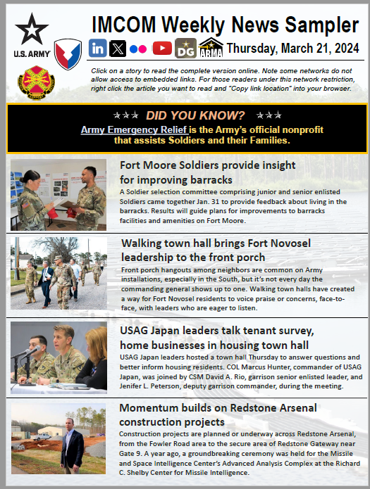 Army priorities – housing improvements, spouse employment, helping Soldiers and Families – are highlighted in the IMCOM Weekly News Sampler. Also, did you know AER is the Army’s official nonprofit? spr.ly/6018Z6JQp Read more spr.ly/6011Z6JQX #ArmysHome #PeopleFirst
