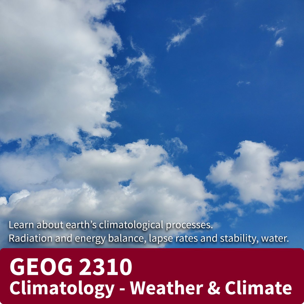 Students will apply scientific principles and methods to climatological processes and analyze climatological and meteorological concepts such as radiation and energy balance, lapse rates and stability, water budgets and general circulation modelling. kpu.ca/registration