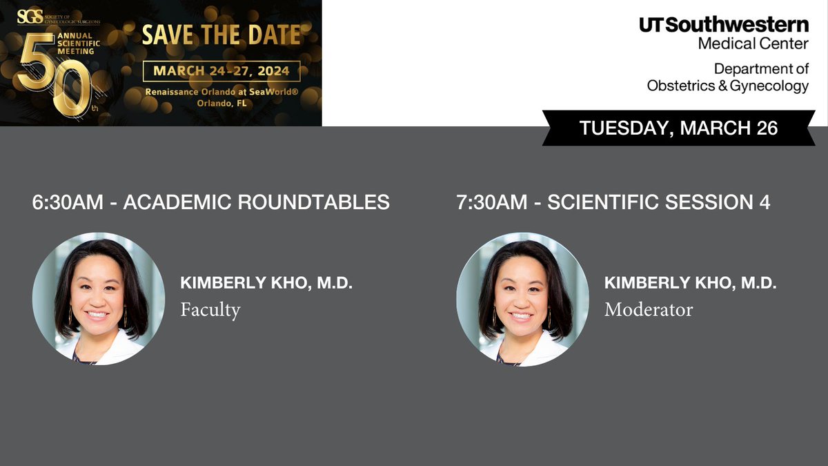 UTSW_ObGyn's tweet photo. Today kicks off the #SGS2024 50th Annual Scientific Meeting! Many of our @UTSW_ObGyn #Gynecology and #Urogynecology faculty and fellows will be in attendance 😎 Tag us if you catch their presentations.
@GynSurgery #SGS50 #UTSW #utswobgyn #obgyntwitter https://t.co/MMeAUll373