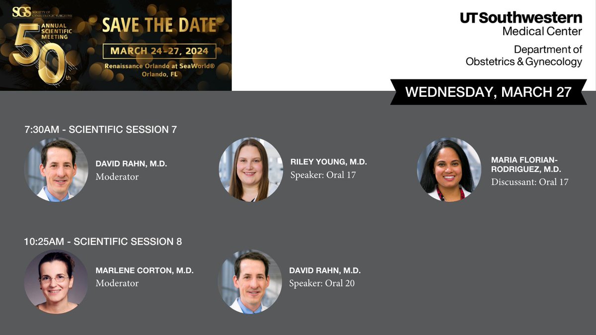 UTSW_ObGyn's tweet photo. Today kicks off the #SGS2024 50th Annual Scientific Meeting! Many of our @UTSW_ObGyn #Gynecology and #Urogynecology faculty and fellows will be in attendance 😎 Tag us if you catch their presentations.
@GynSurgery #SGS50 #UTSW #utswobgyn #obgyntwitter https://t.co/MMeAUll373