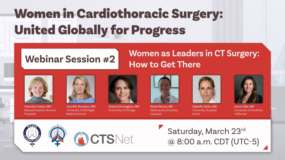 CTSNet (@ctsnetorg) on Twitter photo CTSNet’s second <a href="/ests_womenThor/">ESTS Women in General Thoracic Surgery</a> and <a href="/WomenInThoracic/">WomenInThoracicSurg</a> webinar is tomorrow! Join to hear from women leaders in CT surgery, including <a href="/DrYolondaColson/">Yolonda L. Colson MD, PhD</a> and <a href="/STS_CTsurgery/">The Society of Thoracic Surgeons</a> President <a href="/JennaRomanoMD/">Jennifer Romano</a>.
⌚ Saturday, March 23, 8 am CDT (GMT-5)
🔗 sts-org.zoom.us/webinar/regist… CTSNet’s second <a href="/ests_womenThor/">ESTS Women in General Thoracic Surgery</a> and <a href="/WomenInThoracic/">WomenInThoracicSurg</a> webinar is tomorrow! Join to hear from women leaders in CT surgery, including <a href="/DrYolondaColson/">Yolonda L. Colson MD, PhD</a> and <a href="/STS_CTsurgery/">The Society of Thoracic Surgeons</a> President <a href="/JennaRomanoMD/">Jennifer Romano</a>.
⌚ Saturday, March 23, 8 am CDT (GMT-5)
🔗 sts-org.zoom.us/webinar/regist…