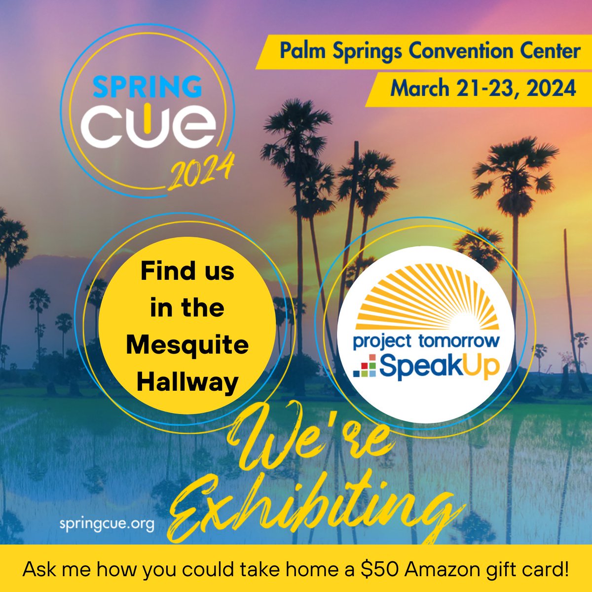 It's the last day of #SpringCUE! Stop by and say hi 👋 to Speak Up Project Director, Michelle Green @mrg_3 to learn more about our #SpeakUpEd Initiative. ☑️Want to share your insights on the state of #AI in K-12 education❓ Visit tomorrow.org/speakup101/ to learn more!