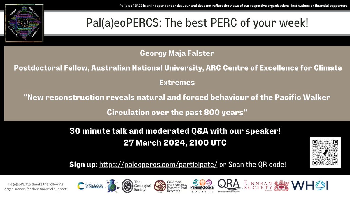 This upcoming week at #PalaeoPERCS we will be joined by Georgy Falster (@raindrop_herder ) Postdoc, Australian National University, ARC Centre of Excellence for Climate Extremes (@arc_gov_au ), Australia! Sign up: paleopercs.com/participate/ (1/4)