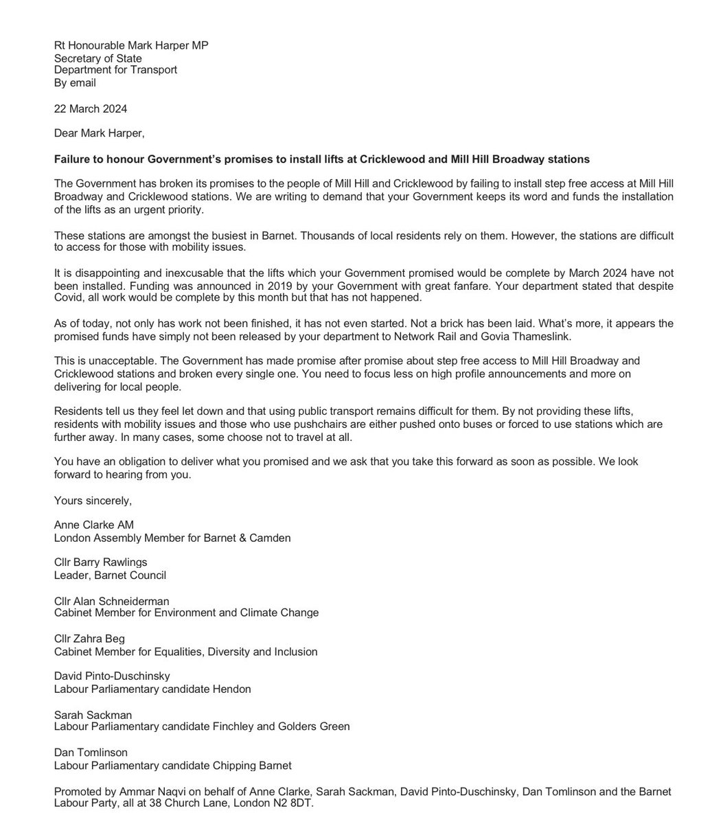 In 2019, Government promised that Mill Hill &amp; Cricklewood <a href="/TLRailUK/">Thameslink</a> stations would have lifts installed by March 2024. 

Work hasn’t started.

<a href="/DavidPintoD/">David Pinto-Duschinsky MP</a> <a href="/sarahsackman/">Sarah Sackman KC MP</a> <a href="/Dan4Barnet/">Dan Tomlinson MP</a> <a href="/BarryJohnRawlin/">Barry John Rawlings</a> <a href="/alan_s01/">Alan Schneiderman</a>, Cllr Zahra Beg &amp; I wrote to the Transport Minister demanding action.