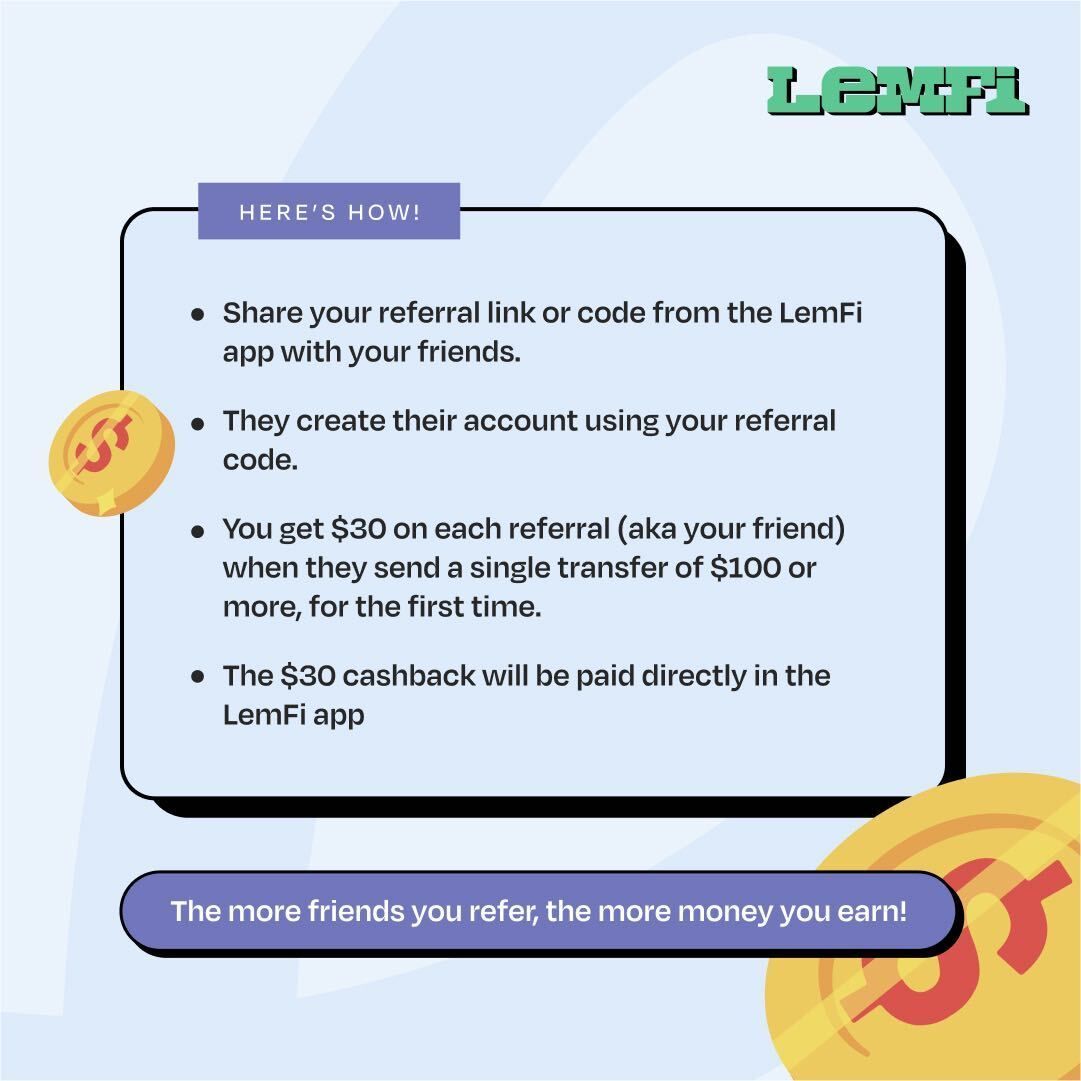 Mo Money, Mo Referrals 🤑 US residents can now get $30 cashback by sharing their referral code with friends and family. Follow the prompts for details. #UseLemFi