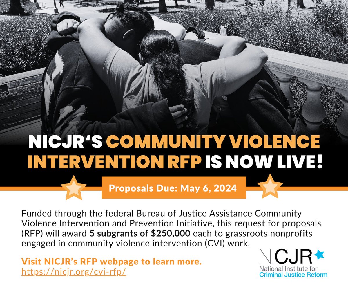 NICJR’s Community Violence Intervention RFP is now live! Visit the RFP webpage to learn more today: nicjr.org/cvi-rfp/