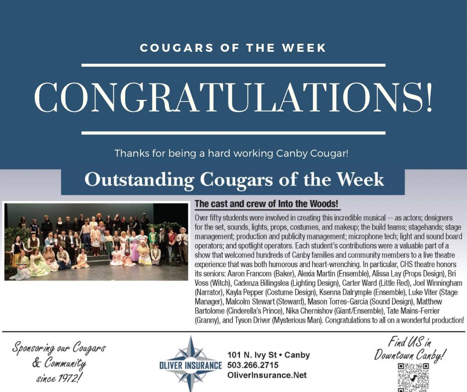 OliverInsurance's tweet photo. Congratulations to over FIFTY #CougarsoftheWeek ! Together, their collective efforts produced an amazing Into the Woods performance 🎭 @CanbyHighSchool https://t.co/oZxrWOX3AN