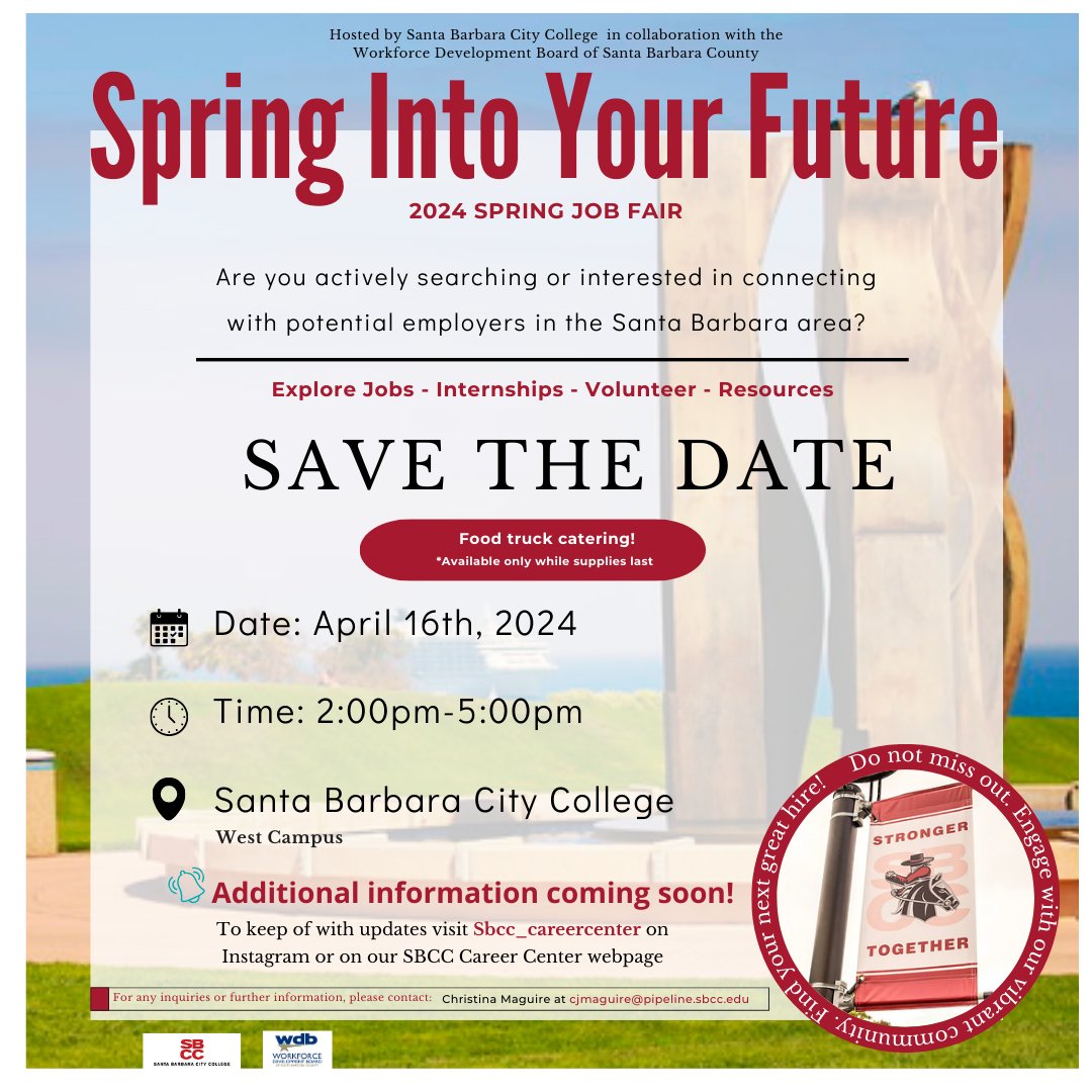 sbcajcc's tweet image. 📅 Save the Date: Spring Into Your Future! 2024 Spring Job Fair coming!
Don&apos;t forget to share this post and spread the word! 📢