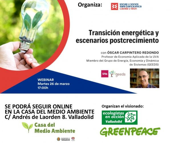 ¡Este martes tienes planazo! Vente a la #CasaDelMedioAmbiente de #Valladolid para seguir juntas el webminar 'Transición energética y escenarios post-crecimiento' junto a @EcologistasVall greenwire.greenpeace.es/group/greenpea… #medioambiente #crisisclimatica