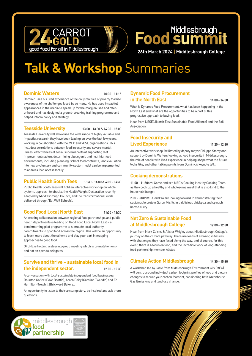 Menvcity's tweet photo. A summary of talks, as well as a schedule of what's on, for the 24 Carrot Gold Middlesbrough Food Summit on Tuesday March 26th is now available for your perusal. This should give you a better idea of what's on, what to expect and then some! https://t.co/DgLx4VdF7D