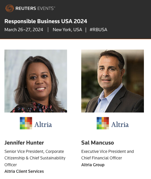 CTFKGlobal's tweet photo. Tobacco industry giant Altria is sponsoring and speaking at the @ReutersEvents #RBUSA event. 
Instead of stewarding “Responsible Business,” @ReutersEvents is elevating the efforts of a company harming our planet and profiting off death and disease. They should reverse this mistake.