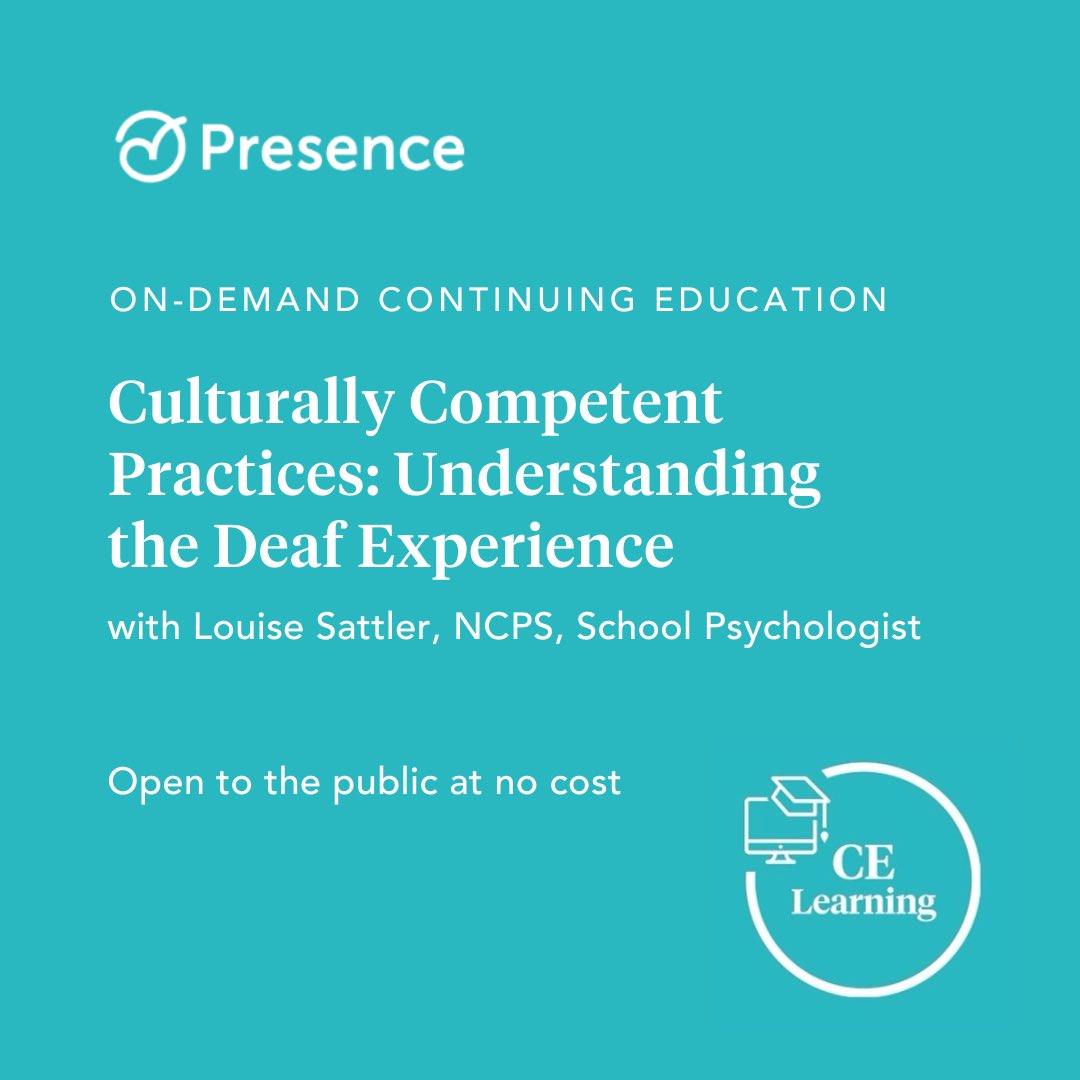 We invite you to join us for our Continuing Education course, 'Culturally Competent Practices: Understanding the Deaf Experience,' led by Louise Sattler, NCPS, a seasoned school psychologist. Click here to register: learn.presence.com/en/presencemar…