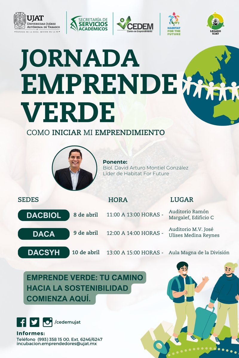 cedemujat's tweet photo. 🌿Únete a la Jornada Emprende Verde del #CEDEM y aprende a iniciar tu proyecto sustentable. 

Fechas y sedes:
DACBIOL: 08/04, 11:00 - 13:00 hrs.
DACA: 09/04, 12:00 - 14:00 hrs.
DACSYH: 10/04, 13:00 - 15:00 hrs. 

#Emprendimiento #EmprendeVerdeUJAT #CEDEM https://t.co/CsBrDLFLfg