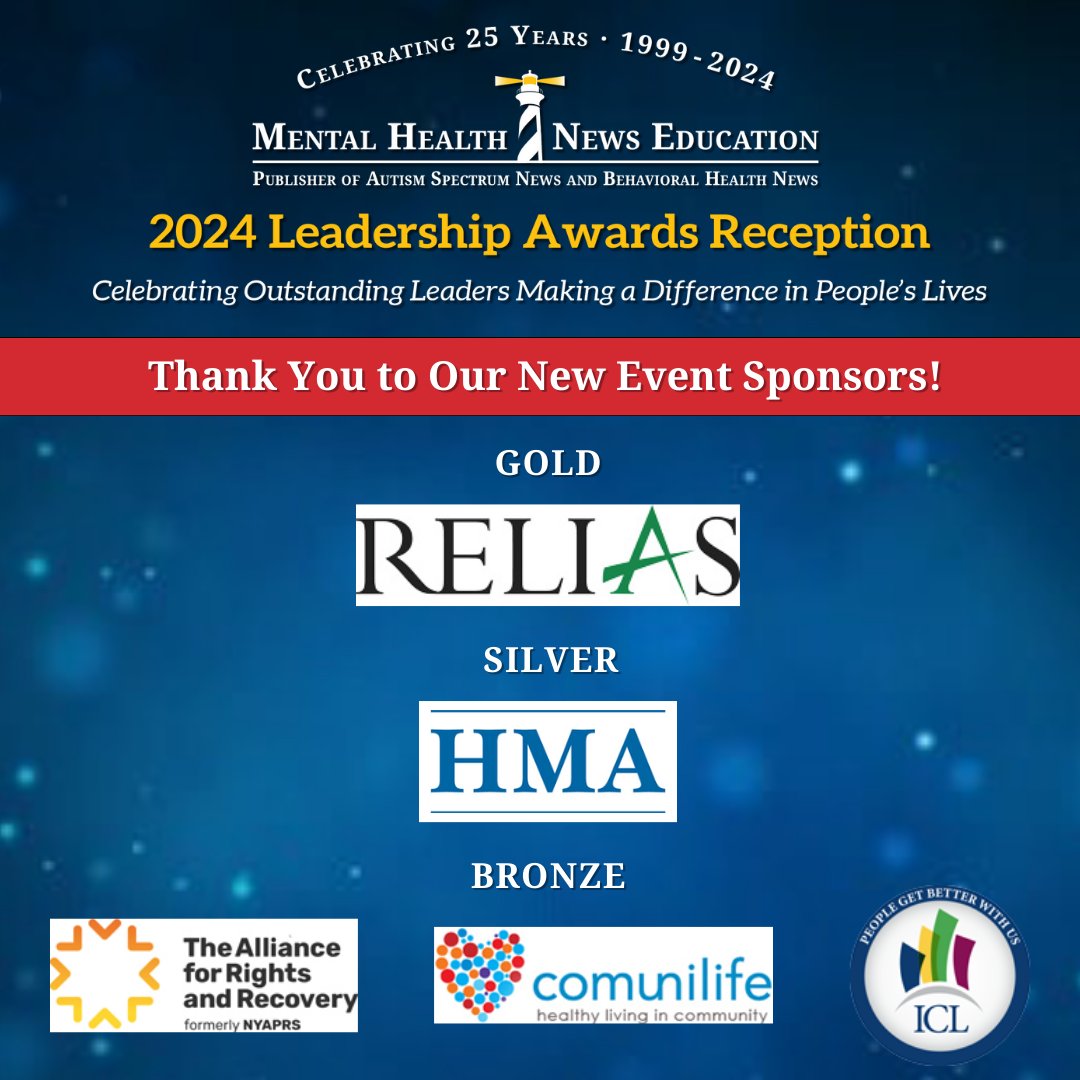 Thank you to our new event sponsors! Details: MHNE.org/Awards Gold: Relias @relias Silver: Health Management Associates @HMAConsultants Bronze: The Alliance for Rights and Recovery @Alliance4RR, Comunilife @comunilifeinc, Institute for Community Living (ICL) @ICL_inc