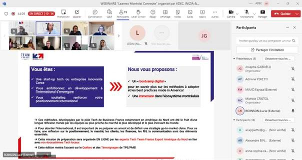 ADEC_Corse's tweet photo. 💻#ADEC #INIZIÀ & @businessfrance près de 20 participants ont suivi le WEBINAIRE #Learnex #MontréalConnecte🇨🇦 @PN_MTL
🎯Présenter la mission aux entreprises corses #Tech pour qu’elles candidatent à l'AMI & participent à cet événement en octobre ➕INFOS SUR https://t.co/tfKdjzHVc1 https://t.co/DzYR95RkQ3