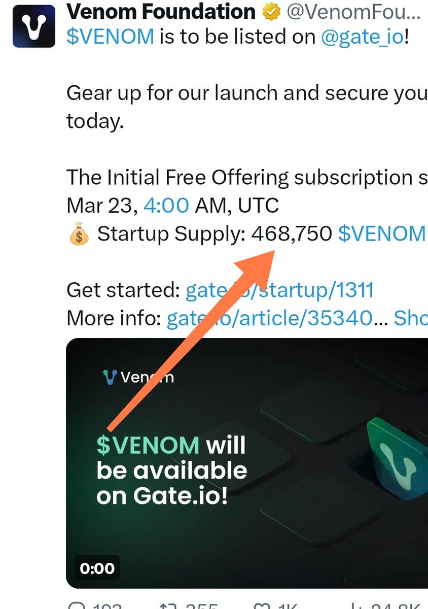 $Venom Community 🚨🚨
Price 0.16 usdt per coin , as you can see the hint from picture, the start up pool on @gate_io
is 75000 and venom mentioned 468750.
Price per coin = 75000 USDT / 468750
 ≈ 0.16 USDT per coin
#VenomAirdrop #VenomLauch
#Venommainnet #Listing
$GMRX @GaiminIo