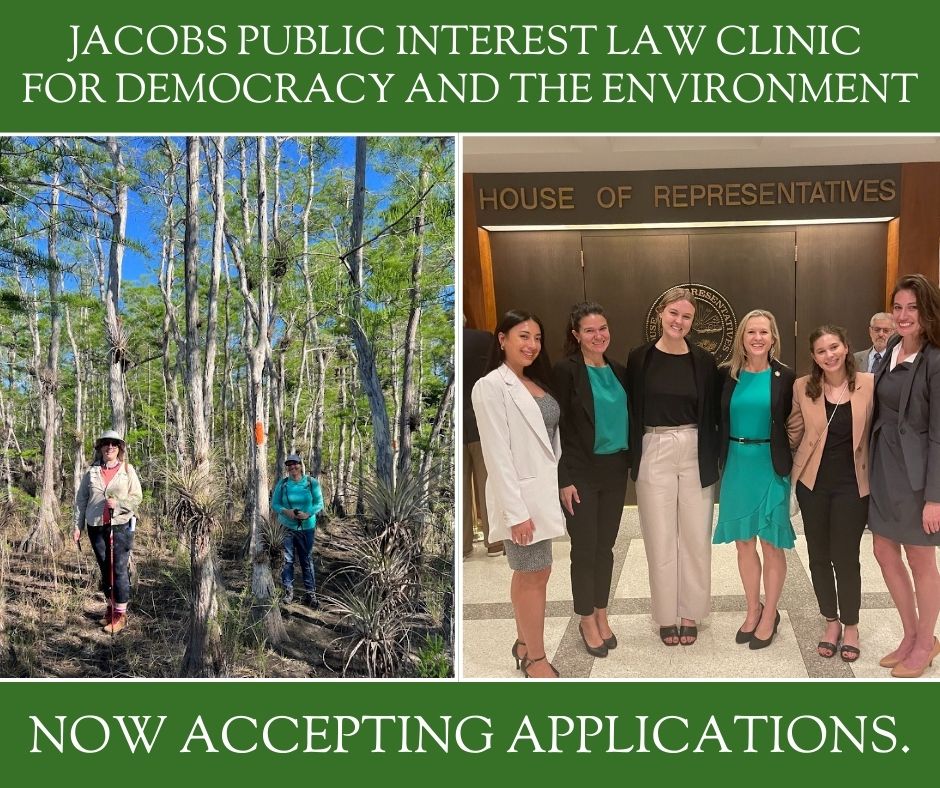 If you're a student who is passionate about creating a more equitable society, you may be a fit for the Jacobs Public Interest Law Clinic for Democracy and the Environment. The clinic is now accepting applications through April 19. Learn more: tinyurl.com/2tx42psz