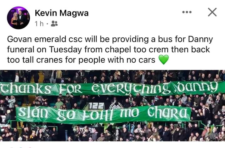 Danny Rodgers funeral is in Our Lady of Lourdes G52 3QU on Tuesday at 10am then to the Hurlet Crematorium G53 7TH for 11am service. @GOVANEMERALDCSC are providing a bus from Lourdes to the Crematorium and back to the Tall Cranes Please share. @CelticFCSLO @Face4theRadio_