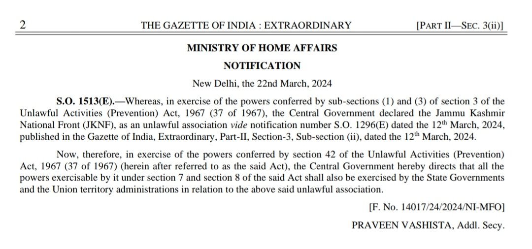 h_pongilath's tweet photo. M/o Home Affairs declared the #JammuKashmir National Front (#JKNF), as an unlawful association & hereby directs that all the powers exercisable by it that the State Governments & the Union territory administrations in relation to the above said unlawful association. https://t.co/HjseHvBXBP