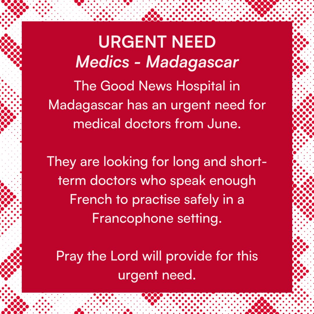Use your medical skills to share the gospel in Madagascar! The team are urgently seeking  long and short-term French speaking medical doctors who have at least two years of professional experience. Could you help? buff.ly/3TLzPz9
