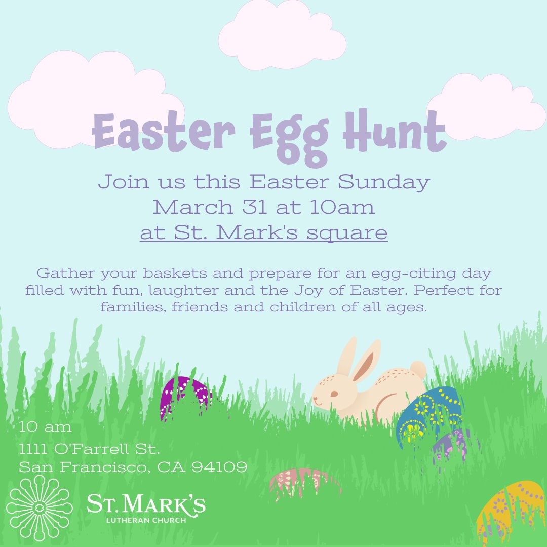 🐰🥚 Join St. Mark's for an EGG-citing Easter Egg Hunt this Sunday, March 31st at 10am! Bring the whole family. For more info and rsvp: smlc.live/egg
#EasterEggHunt #FamilyFun