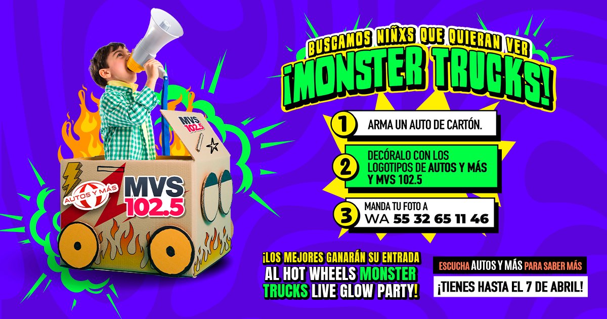 MVS102_5's tweet photo. ¿Qué van a hacer en vacaciones? 👀 ¿Qué les parece armar un auto de cartón para ganar su entrada al Hot Wheels Monster Trucks Live? 🤩🤩

¡Escucha @AutosyMas para enterarte de todos los detalles de esta promoción! 🥳🥳 @JoseRaZavala https://t.co/EkZwPd8Obf