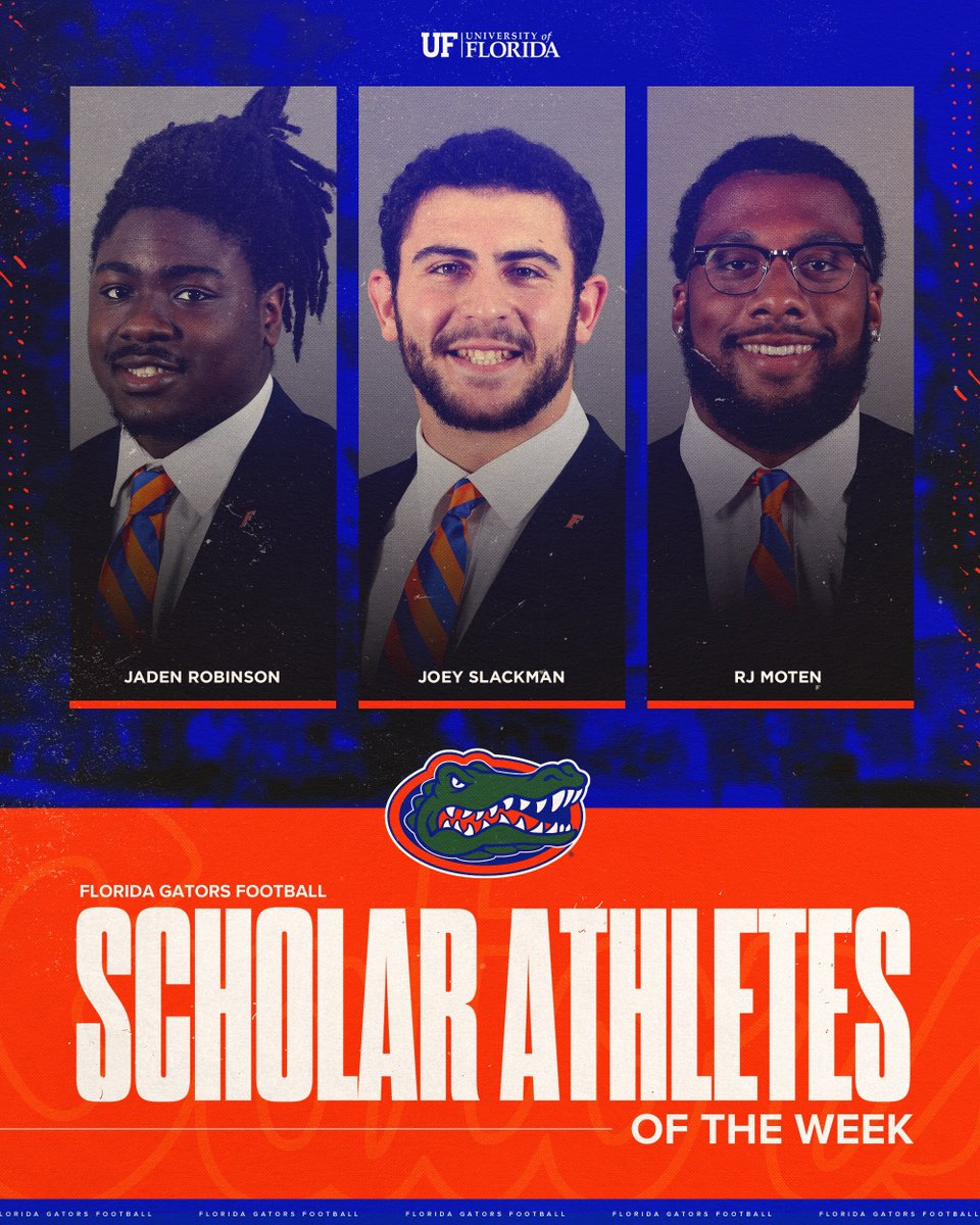Florida Gators Football (@gatorsfb) on Twitter photo Congrats to our Scholar Athletes of the Week! 📚
<a href="/Jaden__Robinson/">Jaden Robinson</a>
<a href="/JoeySlackman/">Joey Slackman</a>
<a href="/rjmoten_/">rj moten</a>
#GoGators | #jOURney Congrats to our Scholar Athletes of the Week! 📚
<a href="/Jaden__Robinson/">Jaden Robinson</a>
<a href="/JoeySlackman/">Joey Slackman</a>
<a href="/rjmoten_/">rj moten</a>
#GoGators | #jOURney