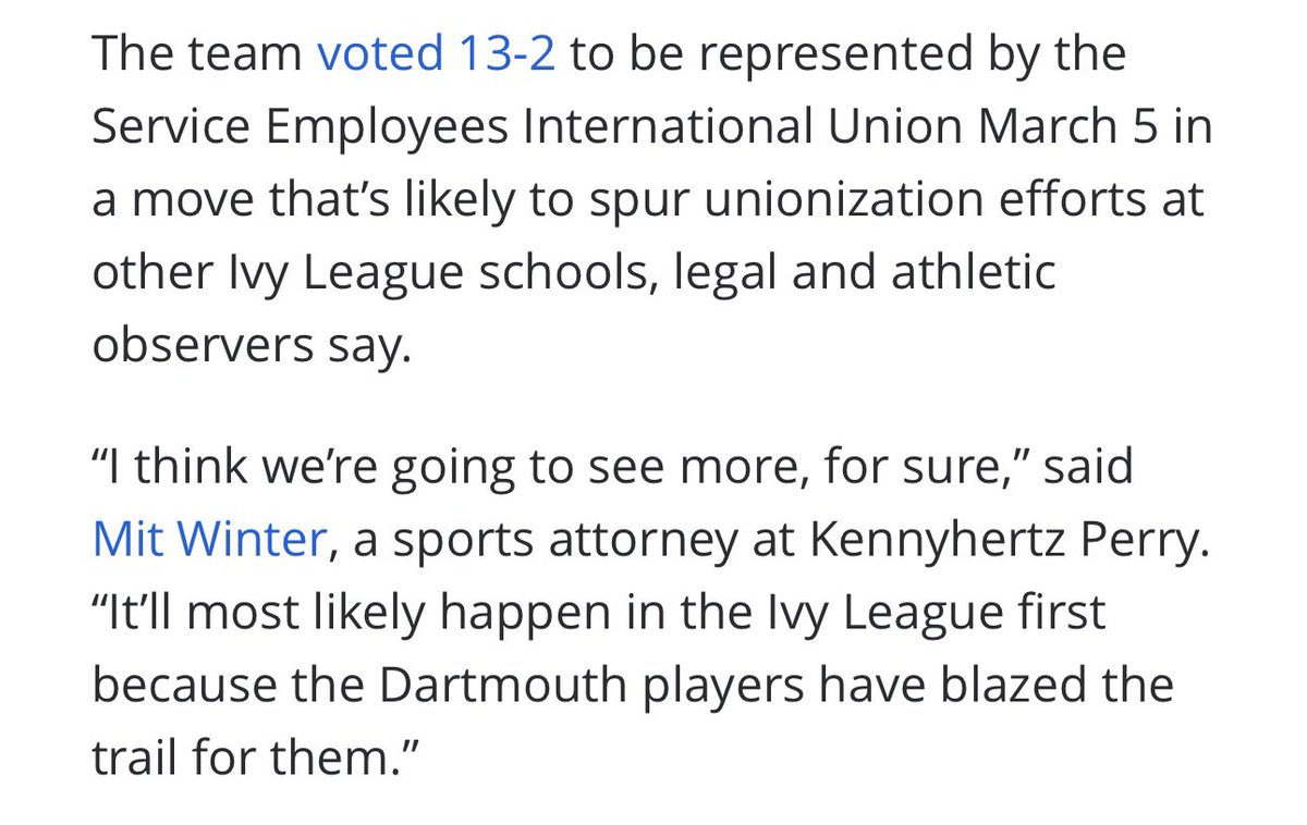 WinterSportsLaw's tweet photo. Now that the Dartmouth men’s basketball team has unionized, a big question is whether we’ll see similar efforts by athletes at other universities.

As I told @parker_purifoy, I think it’s likely we will.

And the pending USC NLRB proceeding could make that even more likely. https://t.co/9XLrQjZLIZ
