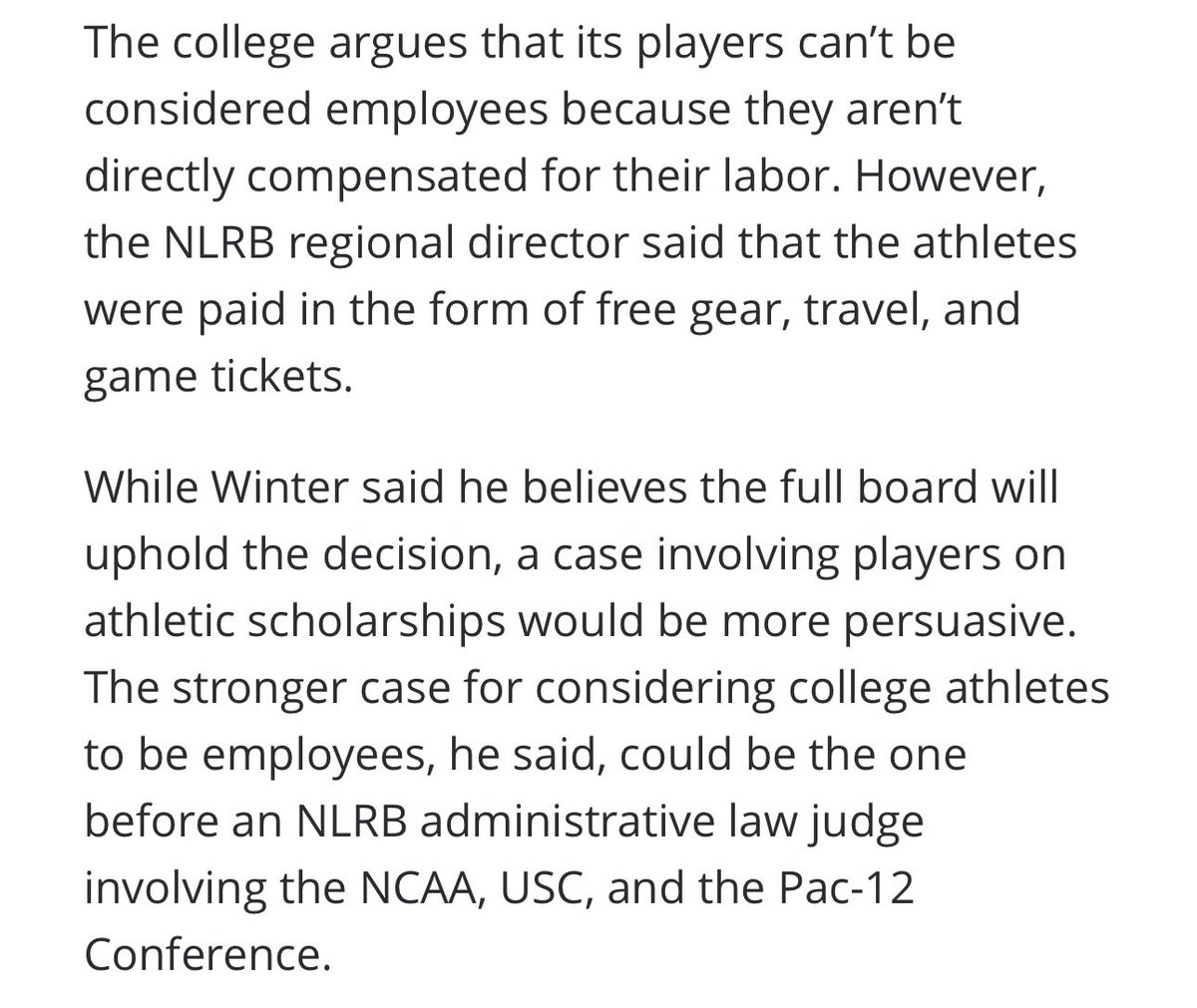 WinterSportsLaw's tweet photo. Now that the Dartmouth men’s basketball team has unionized, a big question is whether we’ll see similar efforts by athletes at other universities.

As I told @parker_purifoy, I think it’s likely we will.

And the pending USC NLRB proceeding could make that even more likely. https://t.co/9XLrQjZLIZ