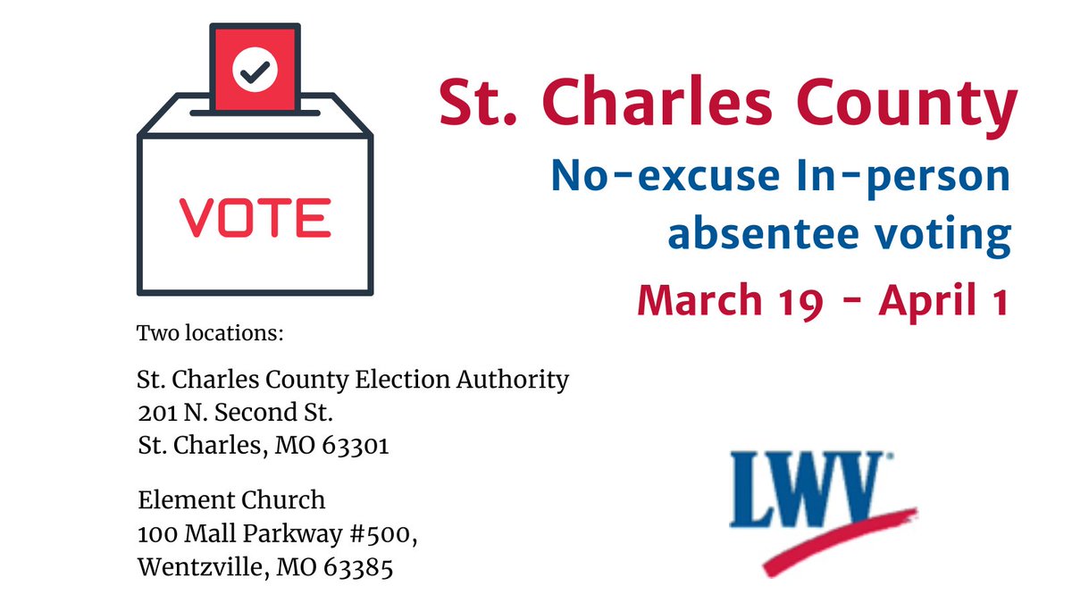 DanceTheVoteStl's tweet photo. Looking to vote absentee in St. Charles? You have until April 1st. Make a plan today! https://t.co/BpXVhUWeE9