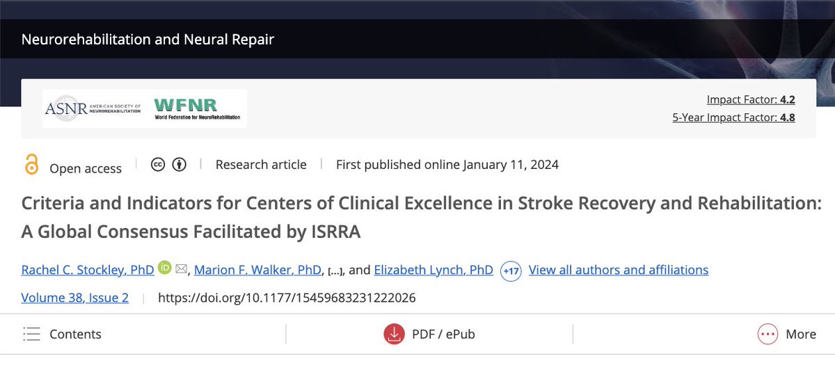 Criteria & measurable indicators for Centers of Clinical Excellence in #stroke recovery & rehabilitation were identified & defined by an international group of expert #stroke recovery & #rehabilitation researchers, clinicians, & people living with stroke. journals.sagepub.com/doi/full/10.11…