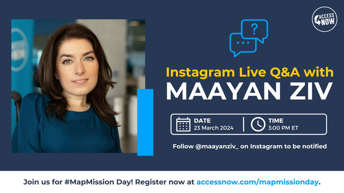 📢Tune in tomorrow, March 23rd, 3:00 PM ET for an Instagram Live Q&A with our CEO & Founder @maayanziv. If you have any questions about #MapMission Day 2024, @accessnowapp or just want to say hi 👋, this is your chance! #AccessNow #AccessForAll #Accessibility