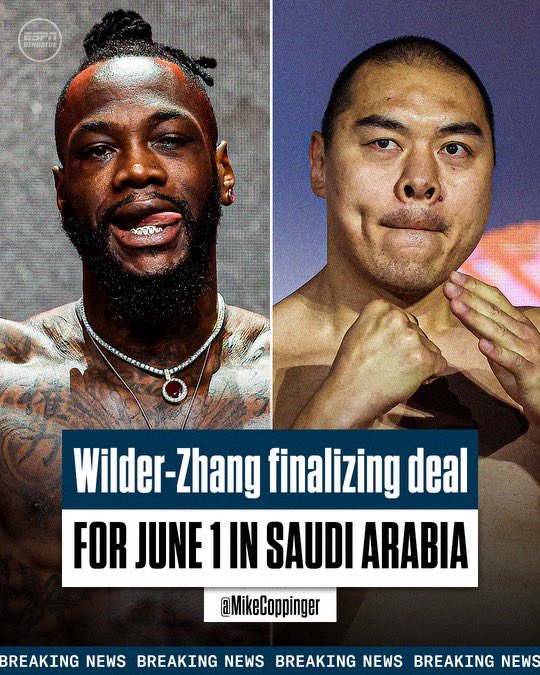 MikeCoppinger's tweet image. Deontay Wilder and Zhilei Zhang are in the process of finalizing a deal for a June 1 fight in Riyadh, Saudi Arabia, sources told ESPN. The heavyweight bout will take place on the undercard of the Artur Beterbiev-Dmitry Bivol undisputed title fight. Two monster punchers.