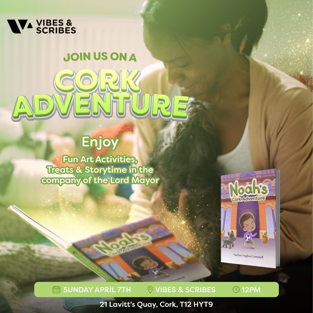 Don't miss this fun family-friendly event! Join us as we welcome writer Nadine Hughes Campbell for a very special celebration of her book 'Noah's Cork Adventure'! Fun colouring activities, treats, storytelling and a few words from Cork's own Lord Mayor. #vibesandscribes #purecork