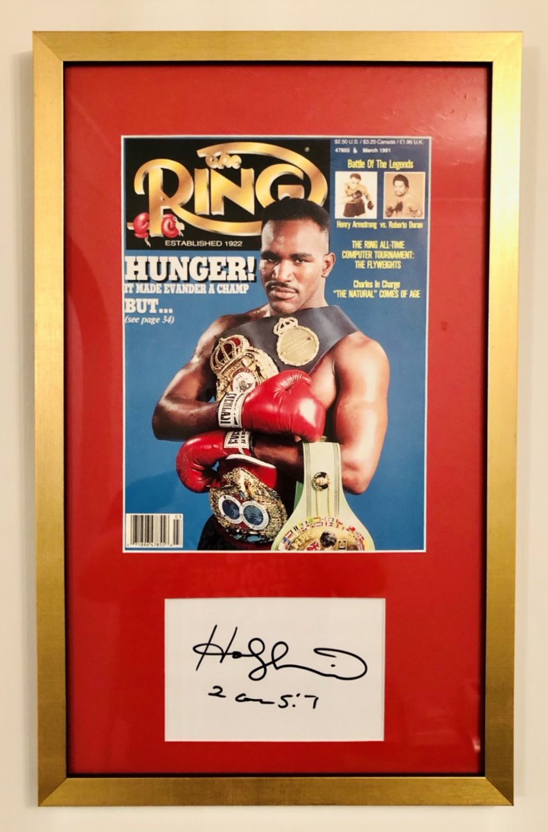 March 1991 edition @ringmagazine with a signed Evander Holyfield index card.