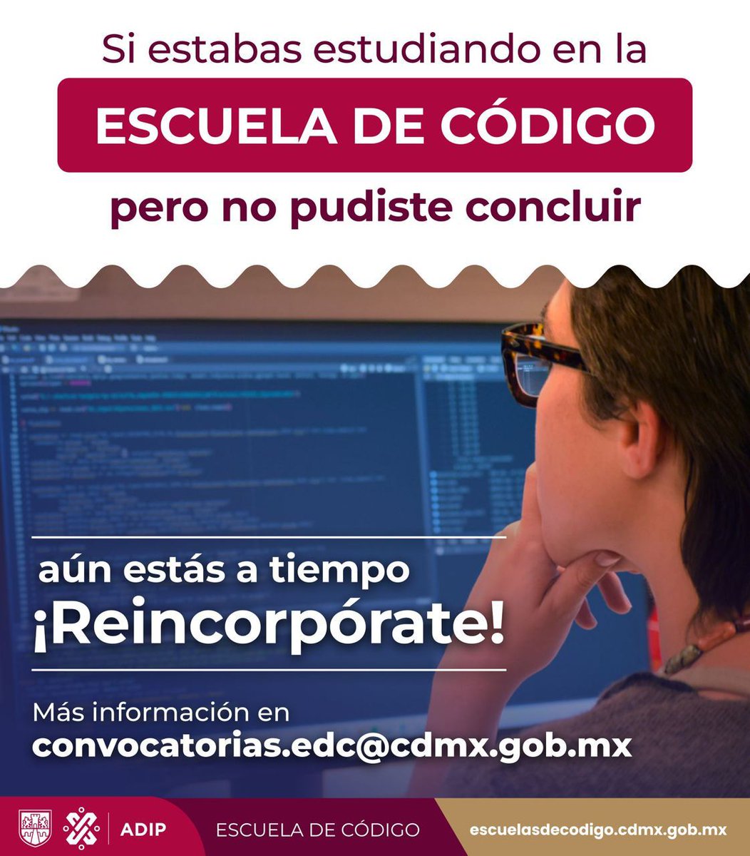 ¿Te quedaste a mitad del camino en tu escuela de código? ¡Esta es tu oportunidad de retomarlo! Envía tus datos, módulo en el que te quedaste y folio PILARES al correo: convocatorias.edc@cdmx.gob.mx y aprovecha esta oportunidad para completar tu formación en programación.