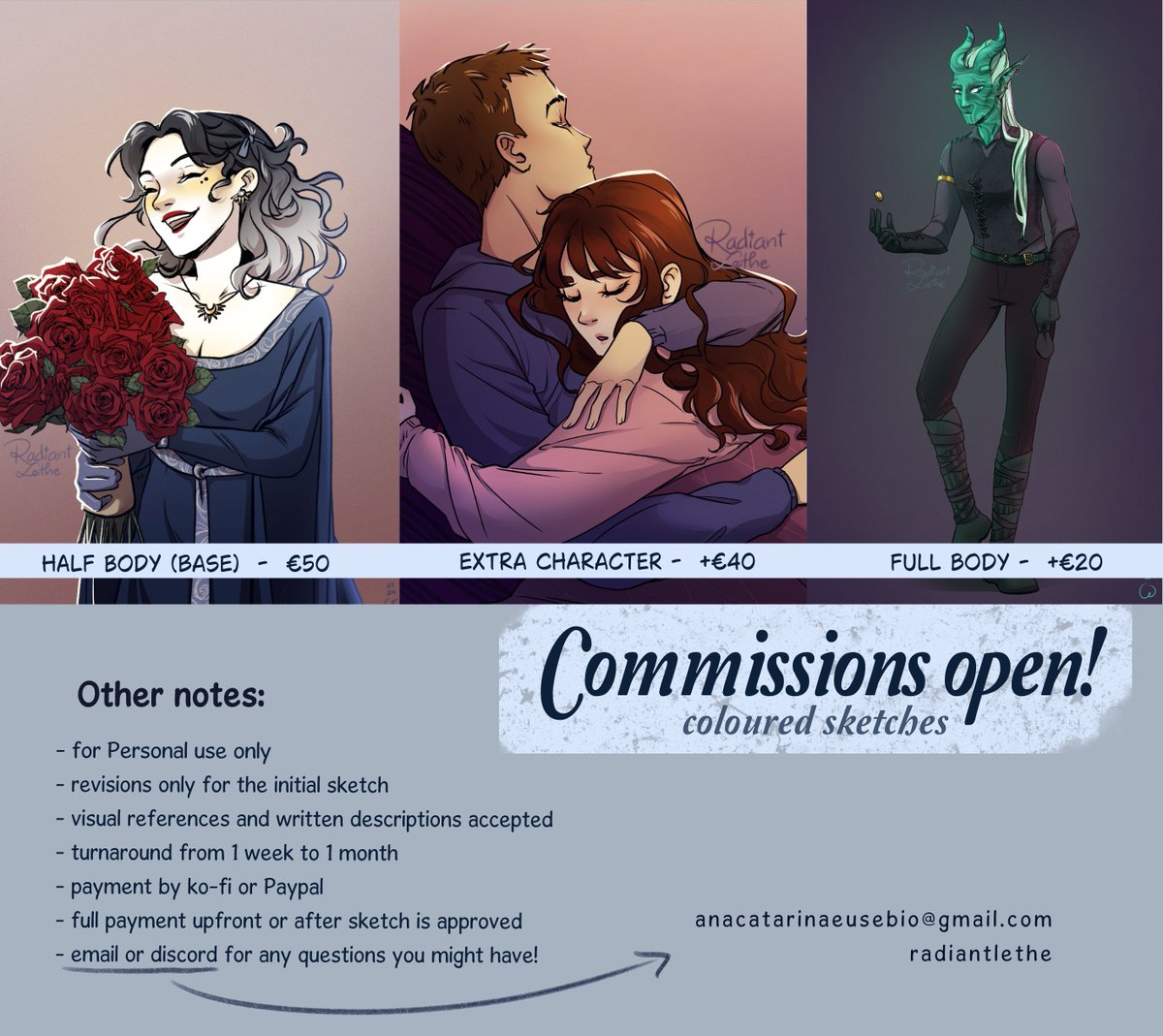 I powered through anxiety and here it is, a commission sheet with pretty samples!

If you want anything that isn't here, send me an email or message on discord and we will figure something out~