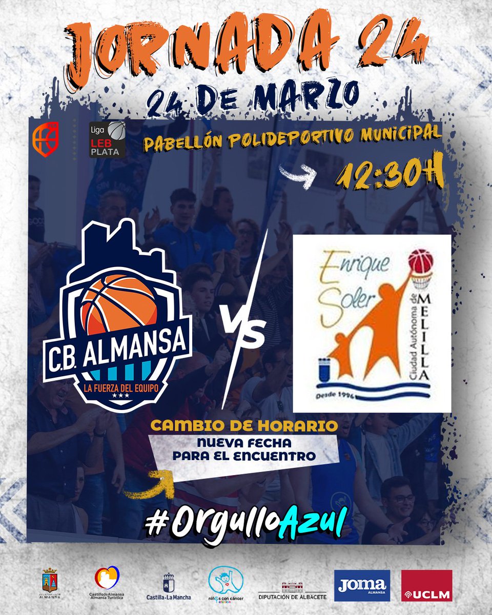 CBAlmansa's tweet photo. 📢 OFICIAL 📢 El encuentro ante @CAMESoler se pospone al DOMINGO 24 DE MARZO a las 12.30 HORAS.

Por motivos meteorológicos, el equipo melillense ha tenido que demorar su desplazamiento. ¡Os esperamos el domingo! 🙌

#OrgulloAzul #JuntosSomosMásFuertes #LaFuerzaDelEquipo https://t.co/0L6eBbvLZc