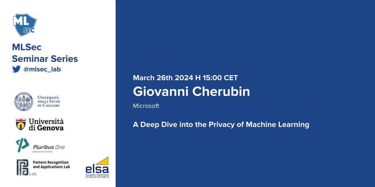 Machine Learning Security Laboratory (@mlsec_lab) on Twitter photo Join us for our event on Machine Learning Security!
Tuesday, March 26, 2024 at 15:00 CET.
Invited talk by <a href="/gchers/">Giovanni Cherubin</a> (<a href="/Microsoft/">Microsoft</a>).
Registration: us02web.zoom.us/j/82941308293?…
YT: youtube.com/watch?v=i6h_M2…
<a href="/elsa_lighthouse/">ELSA - European Lighthouse on Secure and Safe AI</a> <a href="/adversarial_ML/">Adversarial Machine Learning</a> <a href="/trustworthy_ml/">Trustworthy ML Initiative (TrustML)</a> <a href="/aivillage_dc/">AI Village @ DEF CON</a> <a href="/RedTeamVillage_/">RedTeamVillage</a> Join us for our event on Machine Learning Security!
Tuesday, March 26, 2024 at 15:00 CET.
Invited talk by <a href="/gchers/">Giovanni Cherubin</a> (<a href="/Microsoft/">Microsoft</a>).
Registration: us02web.zoom.us/j/82941308293?…
YT: youtube.com/watch?v=i6h_M2…
<a href="/elsa_lighthouse/">ELSA - European Lighthouse on Secure and Safe AI</a> <a href="/adversarial_ML/">Adversarial Machine Learning</a> <a href="/trustworthy_ml/">Trustworthy ML Initiative (TrustML)</a> <a href="/aivillage_dc/">AI Village @ DEF CON</a> <a href="/RedTeamVillage_/">RedTeamVillage</a>