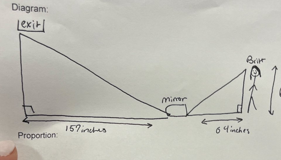 JessicaLeitman's tweet photo. #Team202 Ss used a tape measure &amp;🪞to find heights of objects in K110. They calculated the height of the exit sign, projector, and a 🕰️. #WeAreChappaqua #Iteachmath #sketchingfun @MrInhaber @jsullivan165 @PlateKaitlyn @Greeley_Math @Lauren_Olmo @ski626 https://t.co/sYPYvqqaym