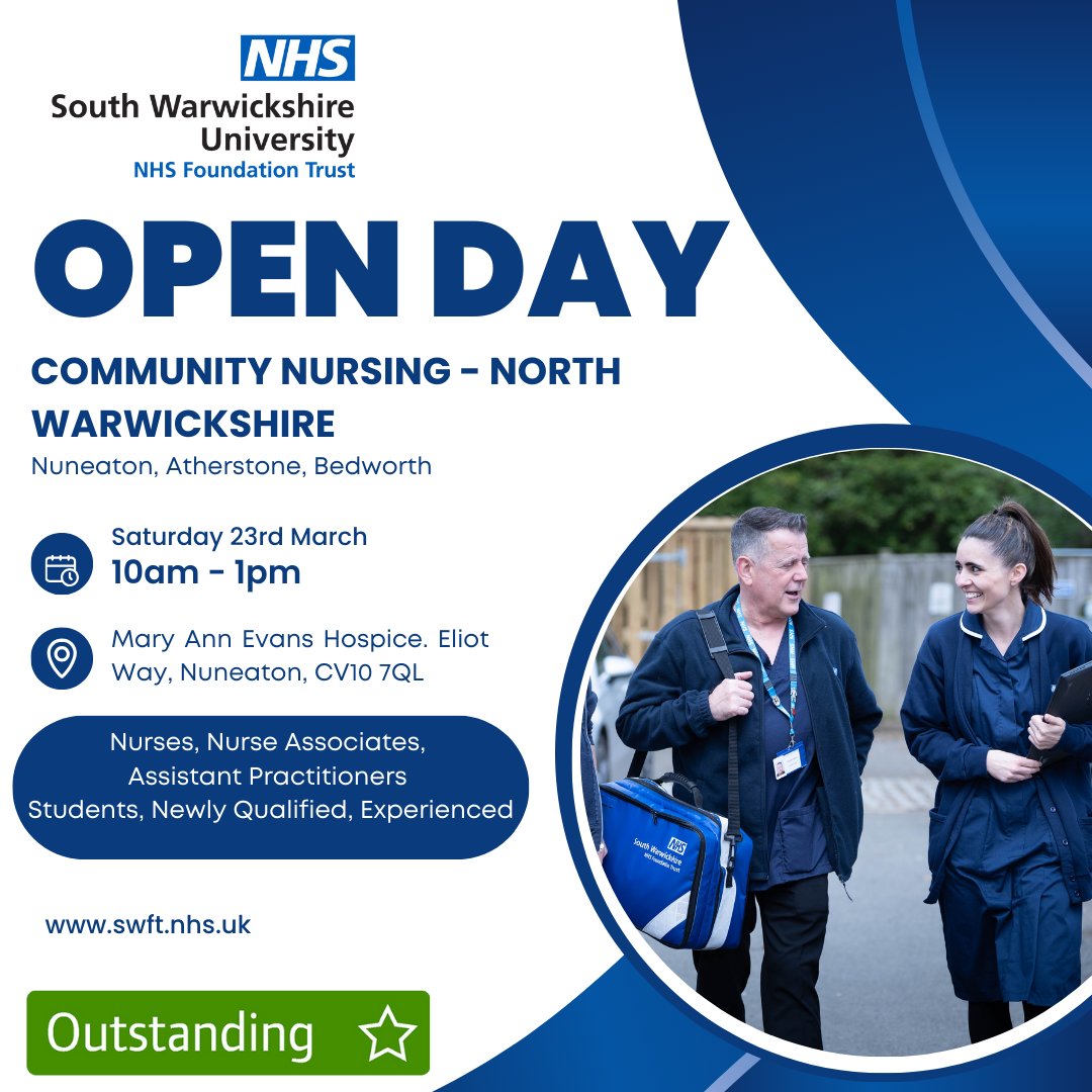 📍 Sat, 23rd March, 10am - 1pm at Mary Ann Evans Hospice in Nuneaton.👨‍⚕️ SWFT are inviting Students, newly qualified, or experienced Nurses, Nurse Associates, and Assistant Practitioners - they want to meet you all!🩺 #nursingstudent #careeropportunities #NHS #NHSjobs